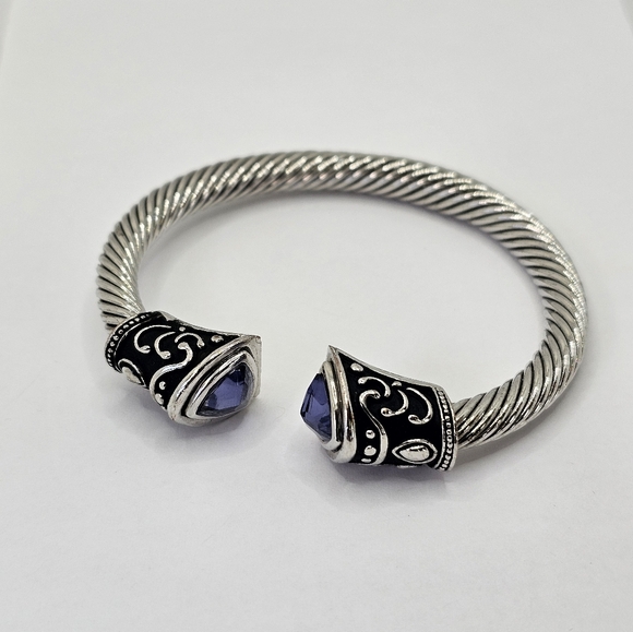 Ornate Designer Inspired Cable Cuff Stainless Steel Blue Crystal Accents - Picture 4 of 5